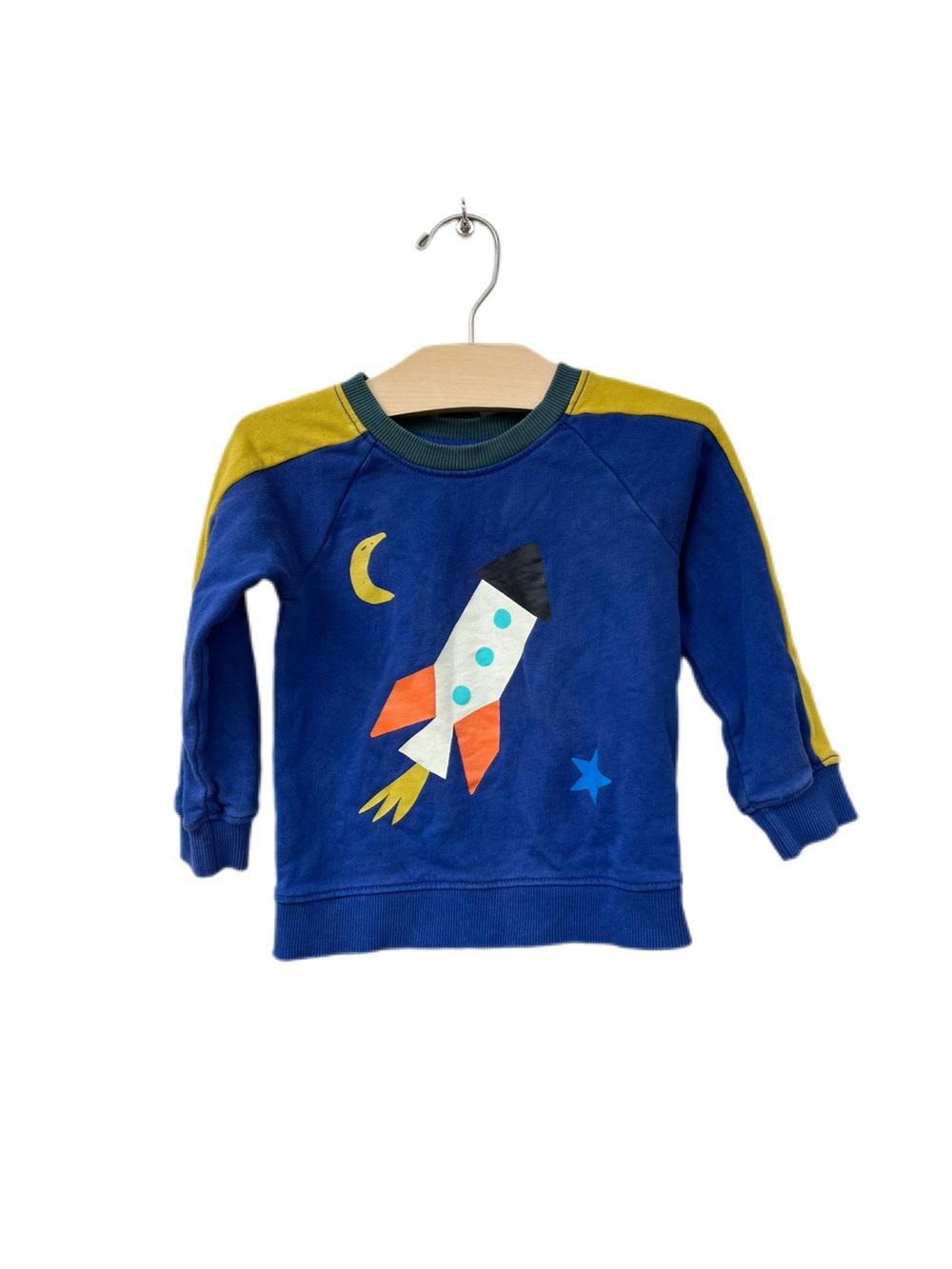 Hanna Andersson 2T Blue Rocket Graphic Kids Sweatshirt with Yellow Accents